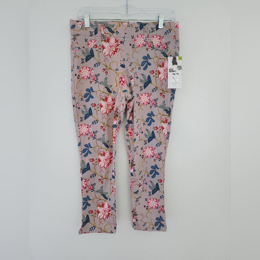 Mixit women's tan floral slit leg stretch crop pants.